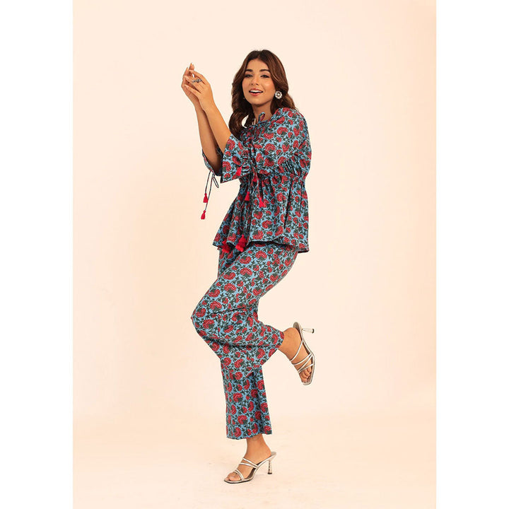 Kaori By Shreya Floral Print Blue and Pink Co-ords with Waist Tie up Top and Pant (Set of 2)