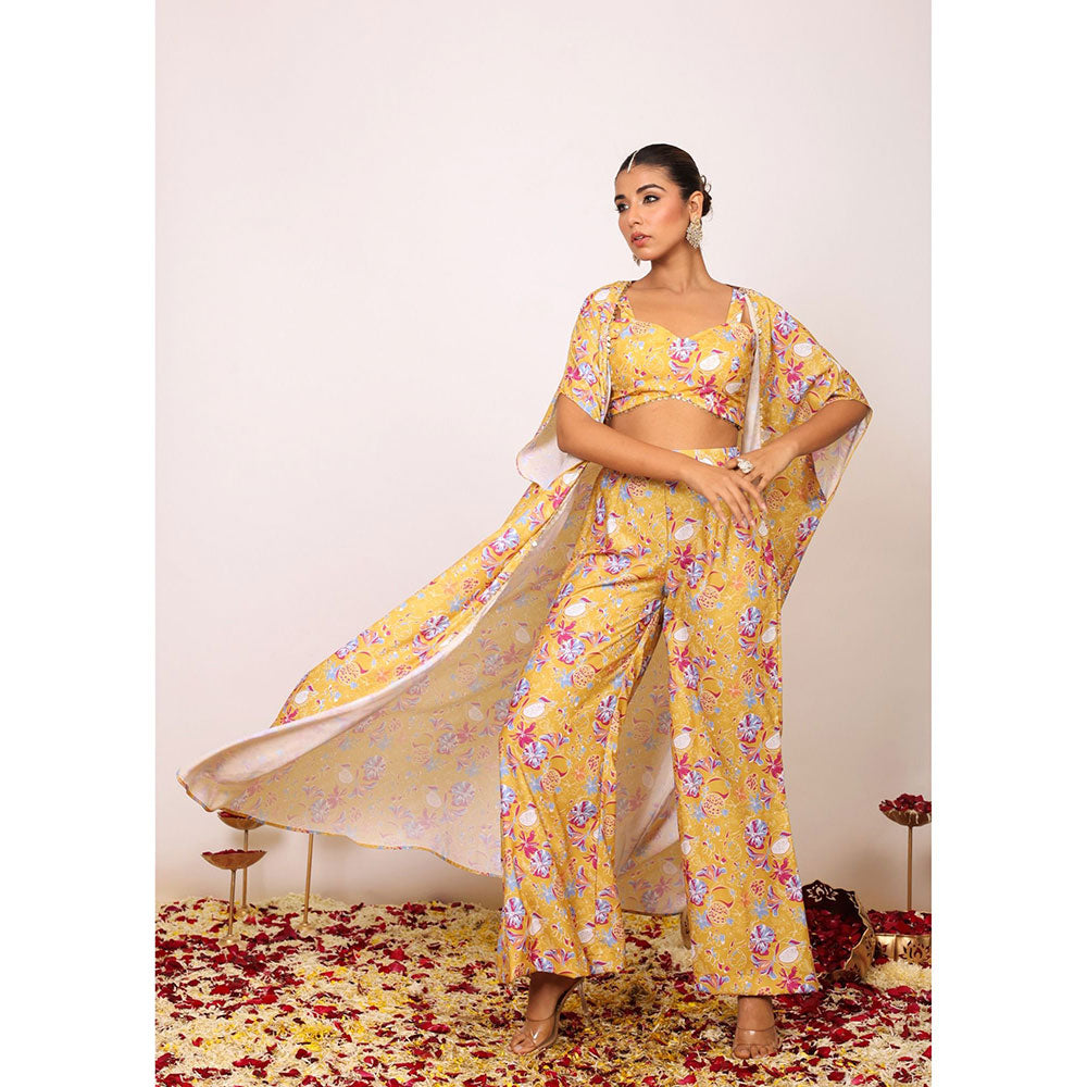 Kaori By Shreya Yellow Floral Co-ords with Sweetheart Tube Top, Pant & Shrug (Set of 3)