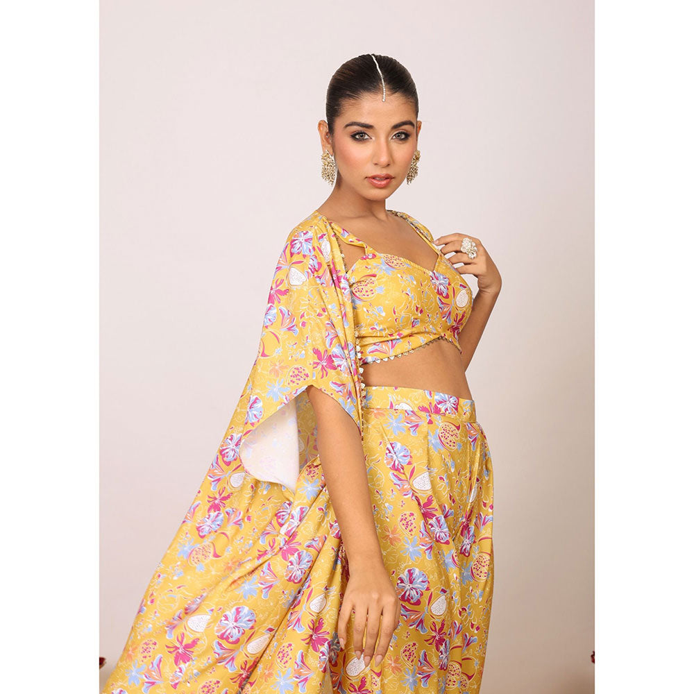 Kaori By Shreya Yellow Floral Co-ords with Sweetheart Tube Top, Pant & Shrug (Set of 3)