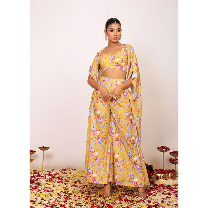 Kaori By Shreya Yellow Floral Co-ords with Sweetheart Tube Top, Pant & Shrug (Set of 3)