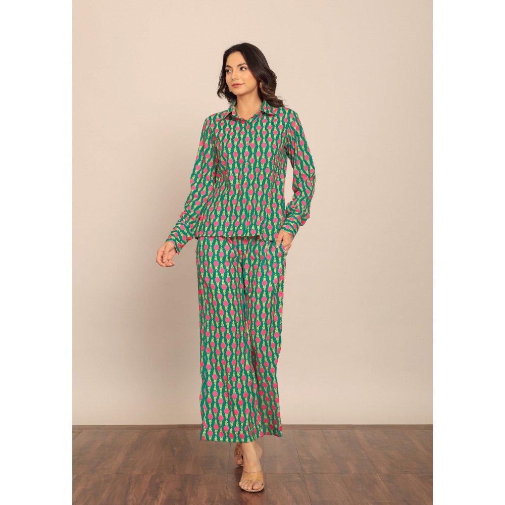 Kaori By Shreya Sea Green & Pink Relaxed 2 Pocket Palazzo