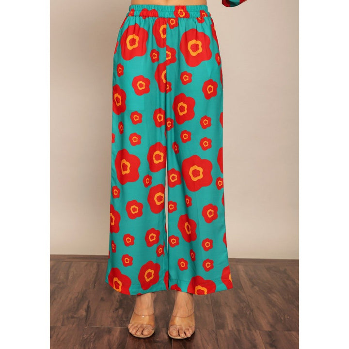 Kaori By Shreya Sea Green & Red Floral Relaxed Palazzo