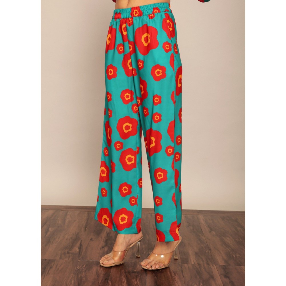 Kaori By Shreya Sea Green & Red Floral Relaxed Palazzo