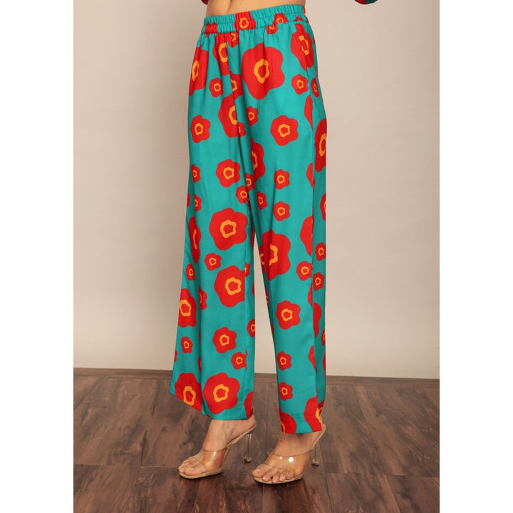 Kaori By Shreya Sea Green & Red Floral Relaxed Palazzo