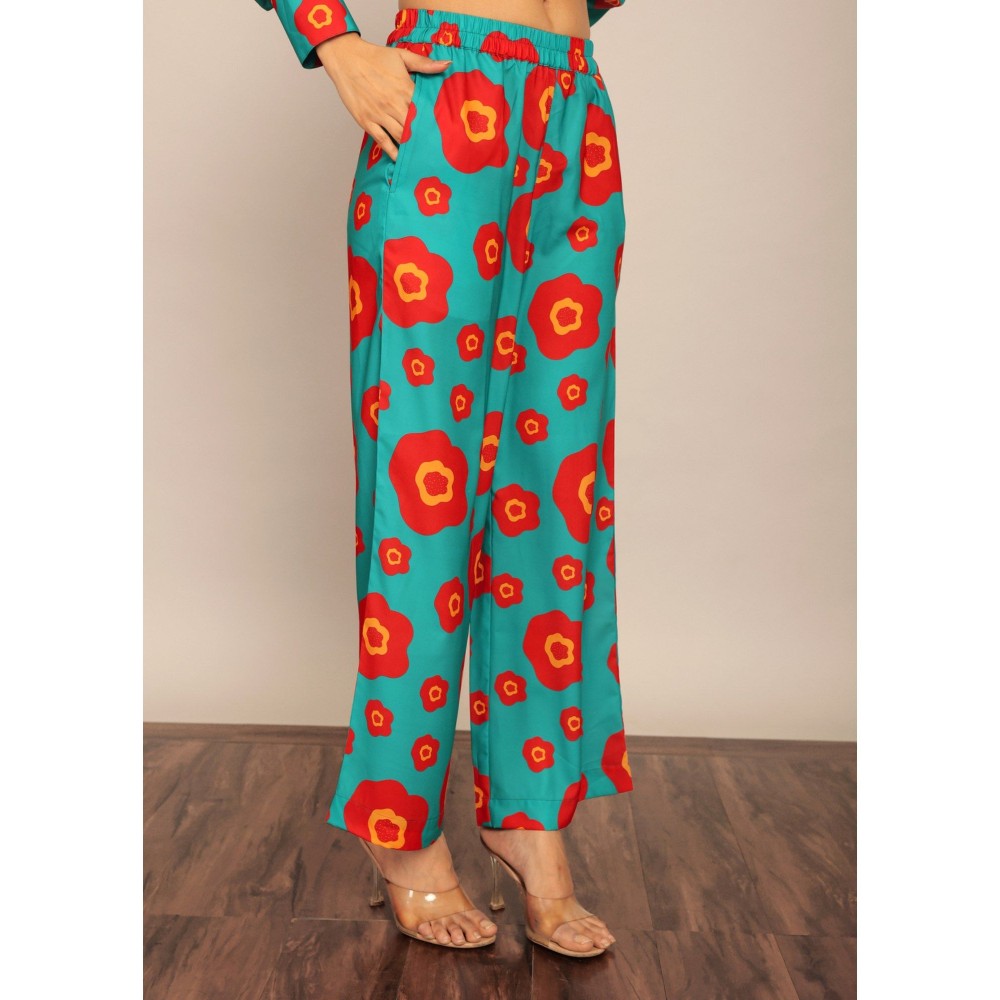 Kaori By Shreya Sea Green & Red Floral Relaxed Palazzo