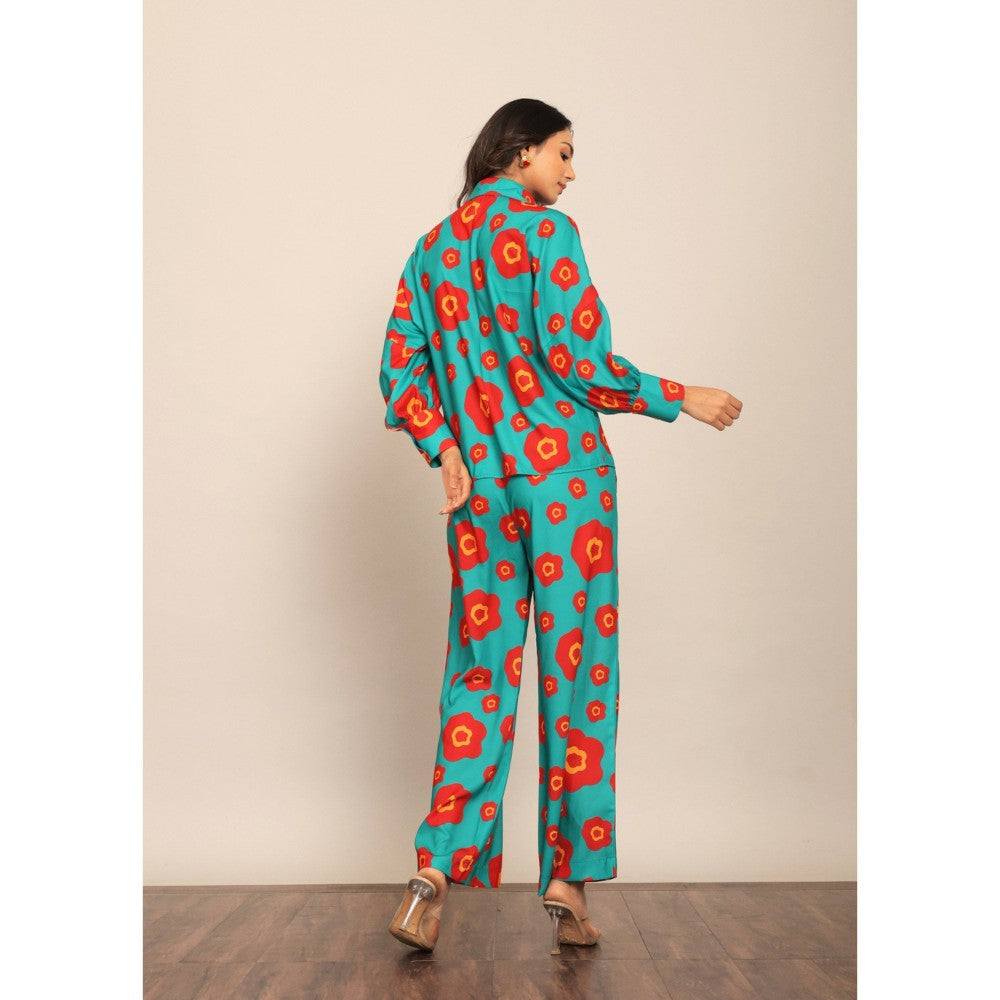 Kaori By Shreya Sea Green & Red Floral Relaxed Palazzo