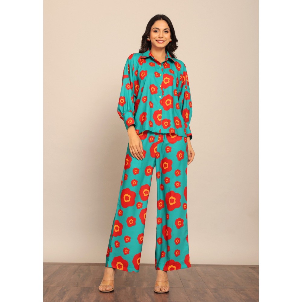 Kaori By Shreya Sea Green & Red Floral Relaxed Palazzo