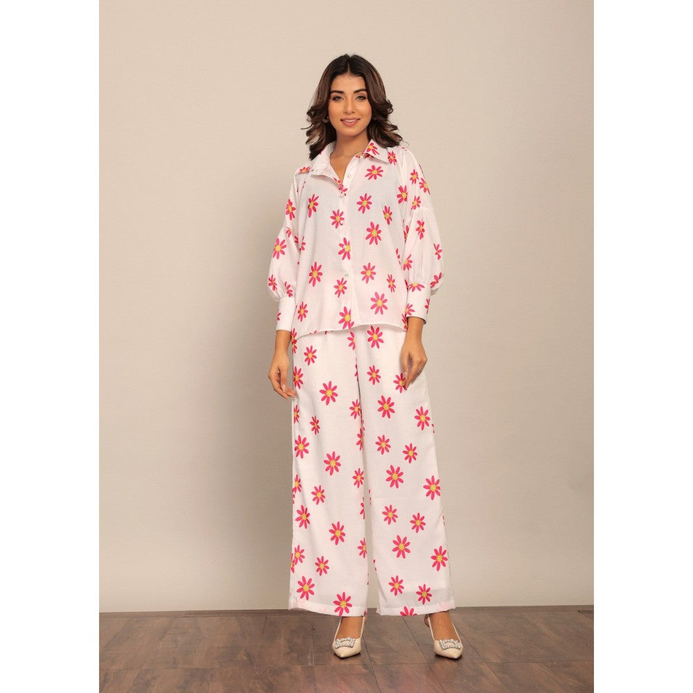 Kaori By Shreya White And Pink Floral Print Relaxed Palazzo