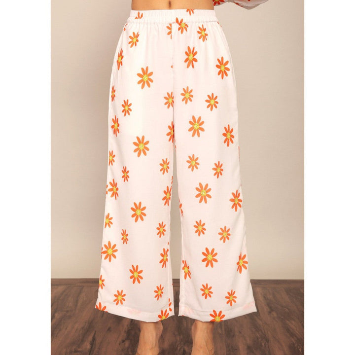 Kaori By Shreya White & Orange Floral Print Relaxed Palazzo