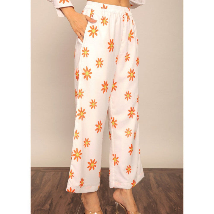 Kaori By Shreya White & Orange Floral Print Relaxed Palazzo