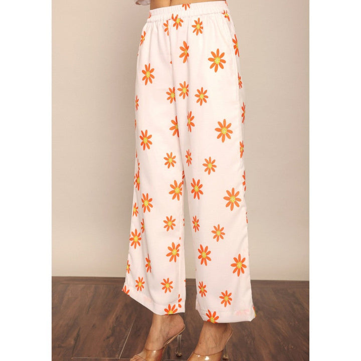 Kaori By Shreya White & Orange Floral Print Relaxed Palazzo