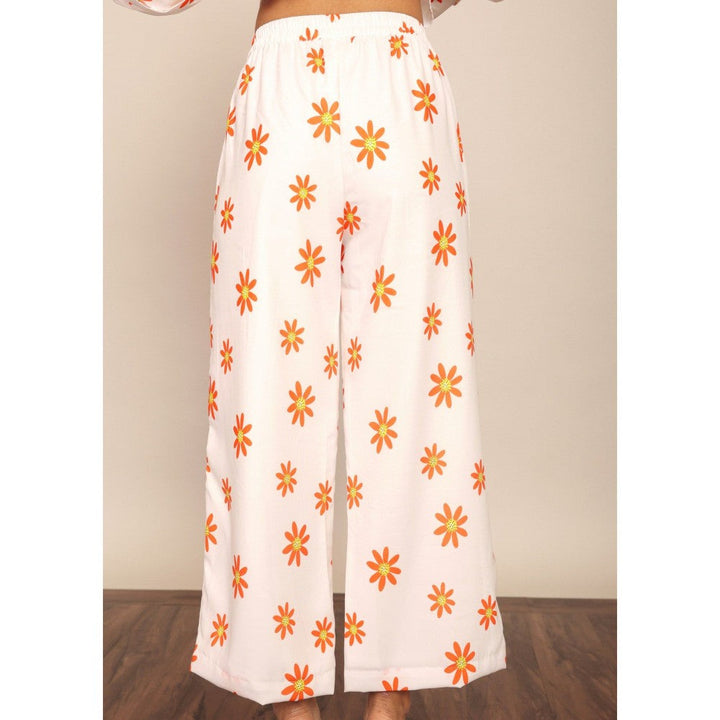 Kaori By Shreya White & Orange Floral Print Relaxed Palazzo