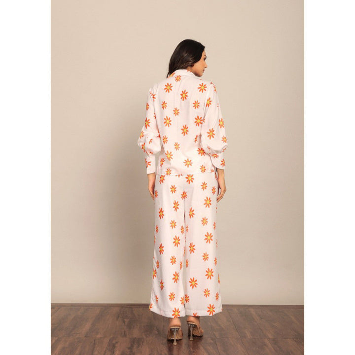 Kaori By Shreya White & Orange Floral Print Relaxed Palazzo