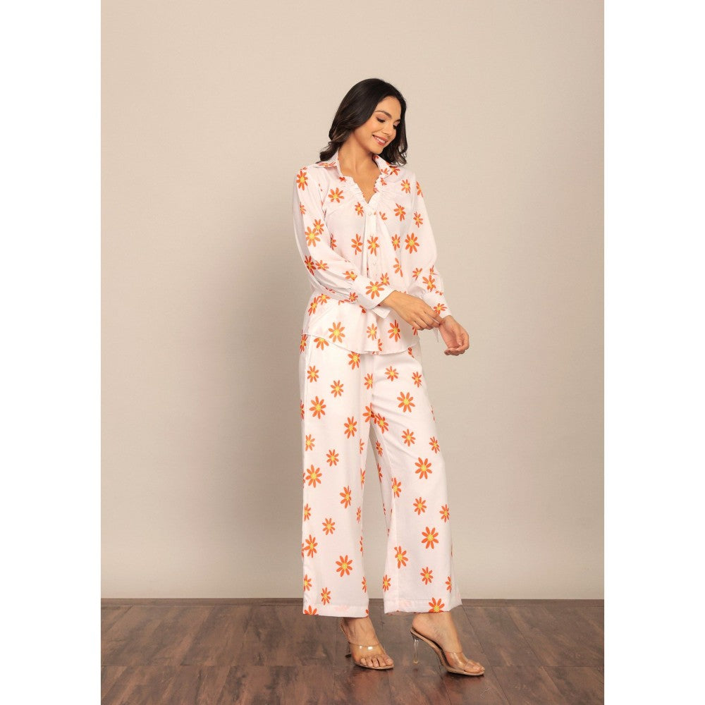 Kaori By Shreya White & Orange Floral Print Relaxed Palazzo