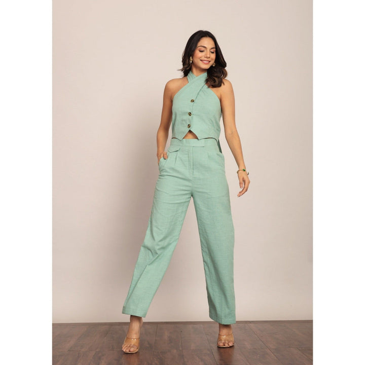 Kaori By Shreya Mint Green Solid Relaxed Flared Trouser