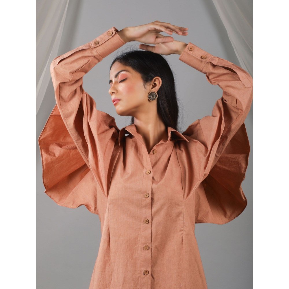 Kaori By Shreya Almond Shoulder Ruffle Shirt Dress