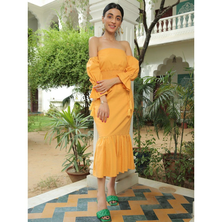 Kaori By Shreya Mustard Solid Flared Midi Dress