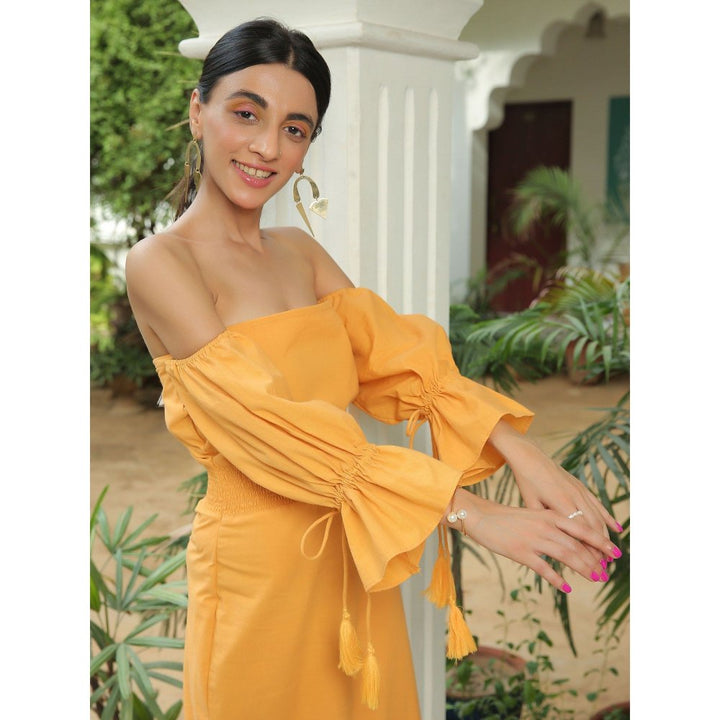 Kaori By Shreya Mustard Solid Flared Midi Dress