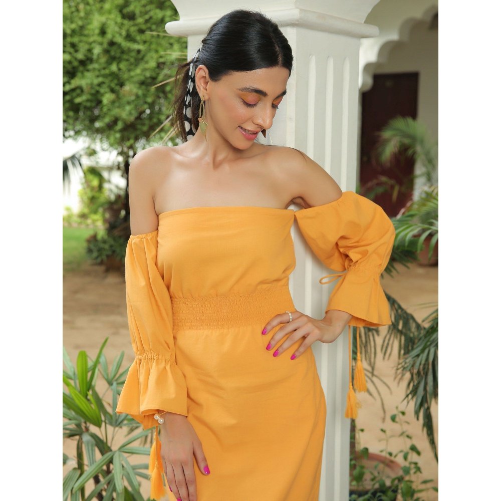 Kaori By Shreya Mustard Solid Flared Midi Dress