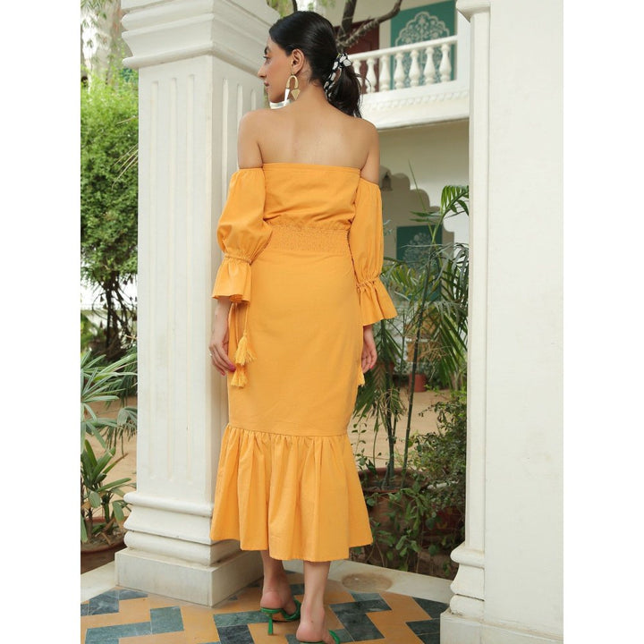 Kaori By Shreya Mustard Solid Flared Midi Dress