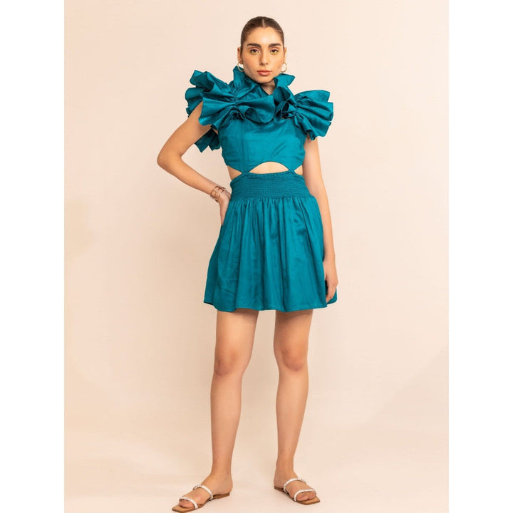 Kaori By Shreya Aqua Splash Shoulder Ruffle Skater Dress