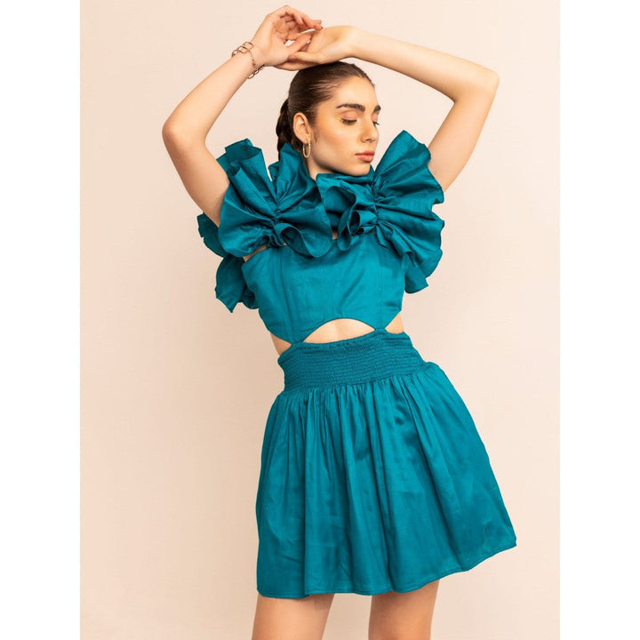 Kaori By Shreya Aqua Splash Shoulder Ruffle Skater Dress