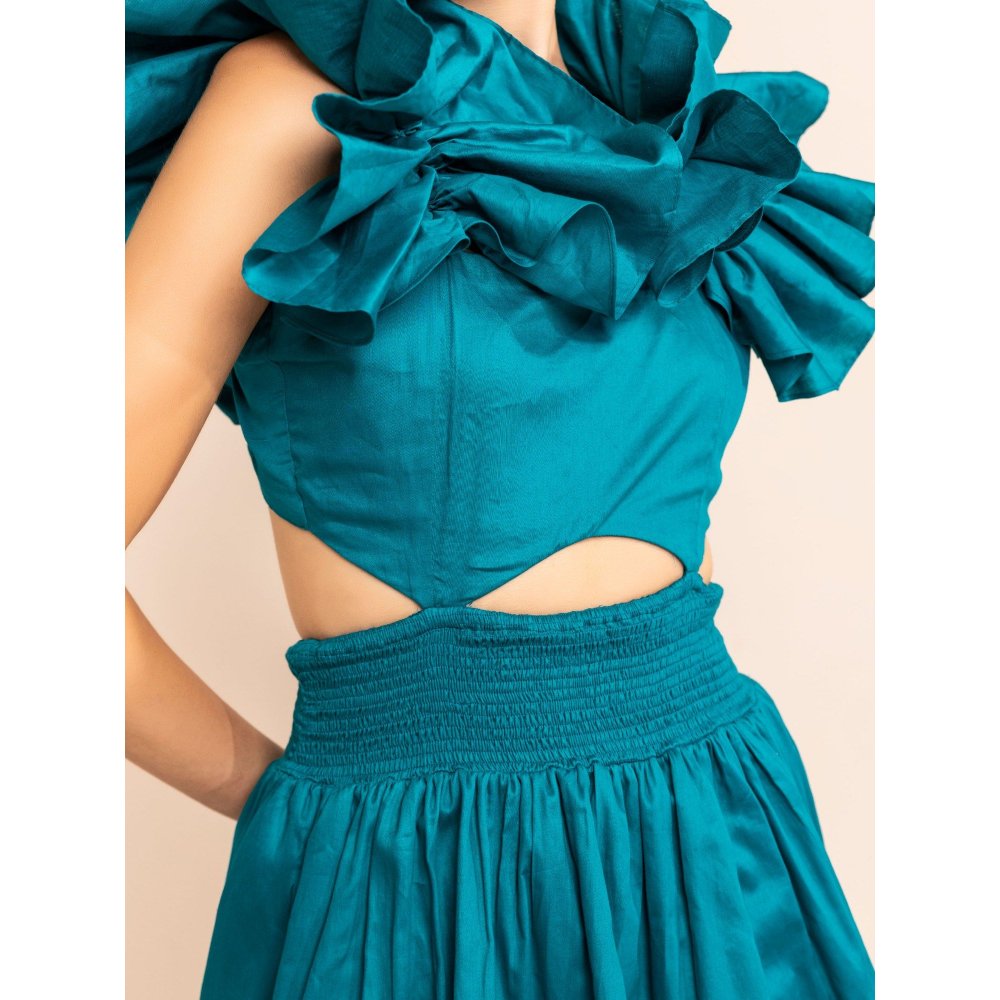 Kaori By Shreya Aqua Splash Shoulder Ruffle Skater Dress