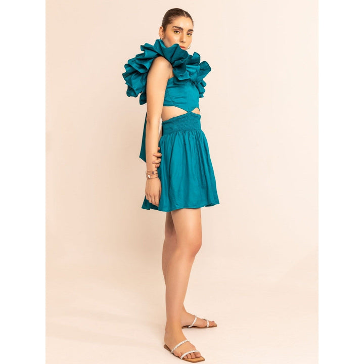 Kaori By Shreya Aqua Splash Shoulder Ruffle Skater Dress