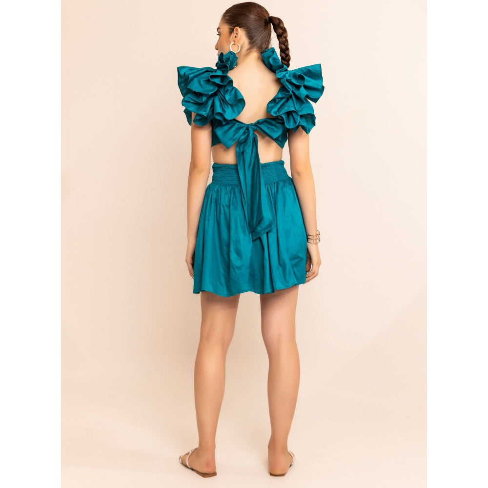 Kaori By Shreya Aqua Splash Shoulder Ruffle Skater Dress