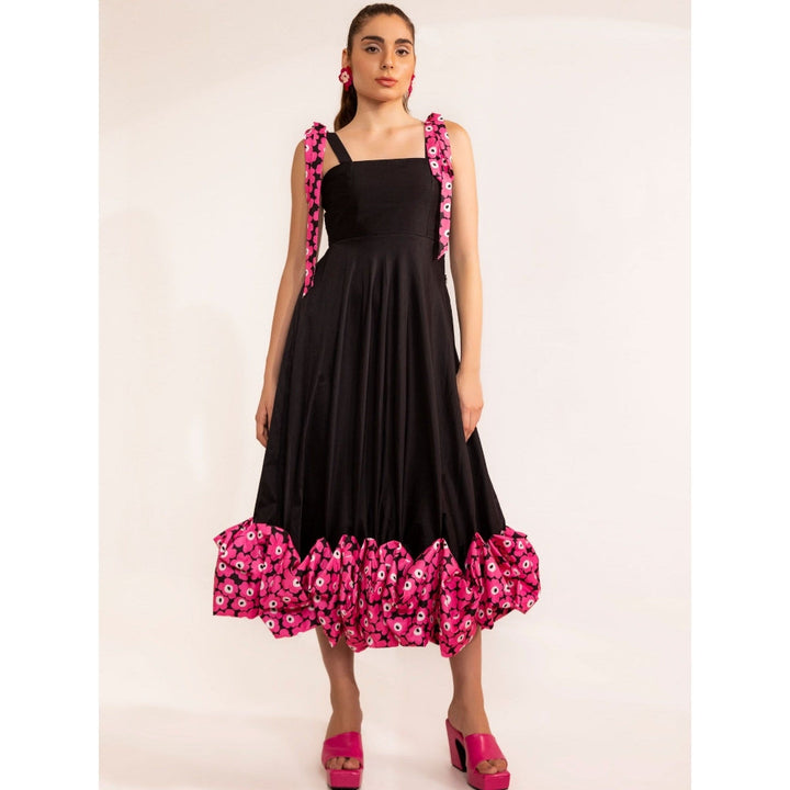 Kaori By Shreya Black Shoulder Tie Up Midi Dress 3D Pink Flower