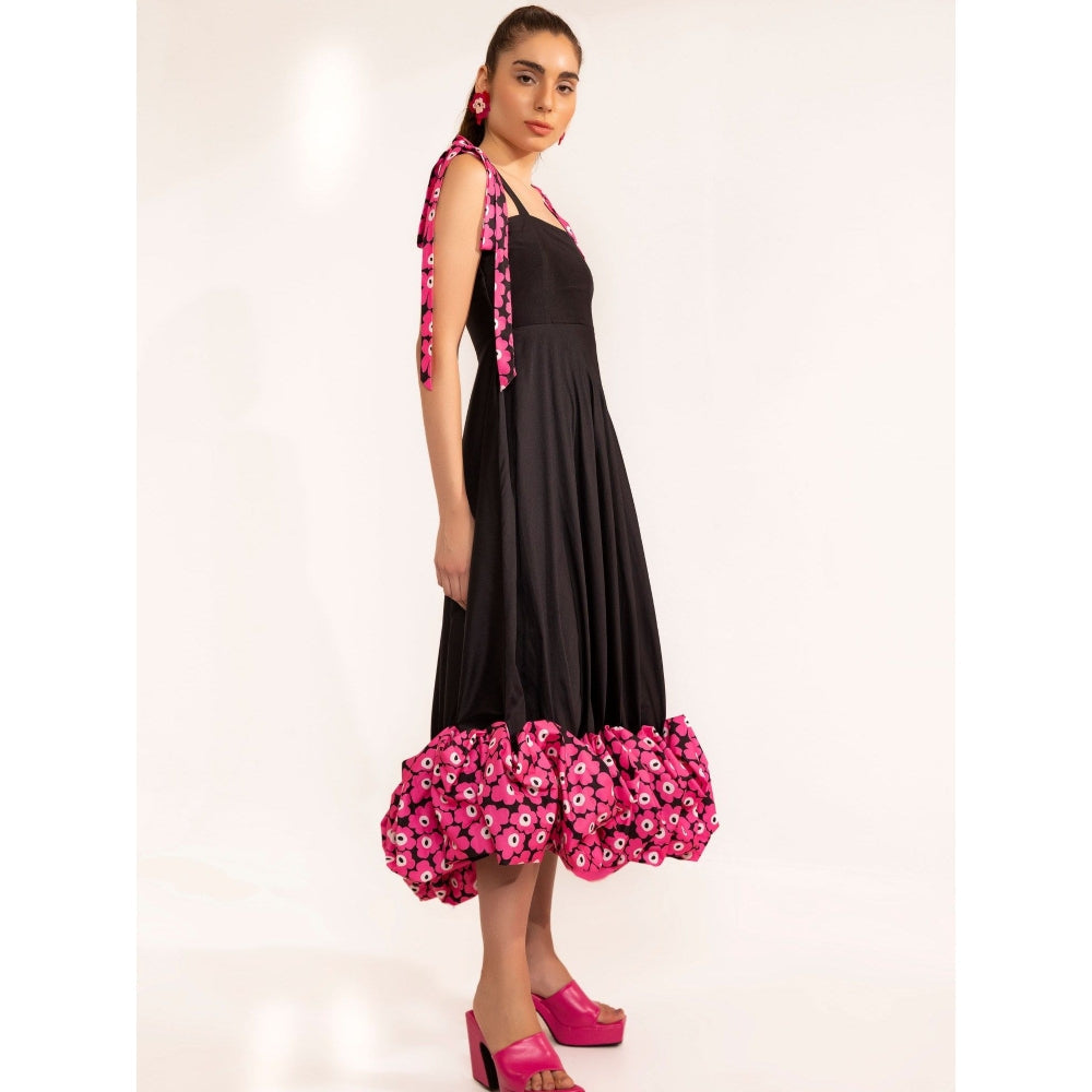 Kaori By Shreya Black Shoulder Tie Up Midi Dress 3D Pink Flower