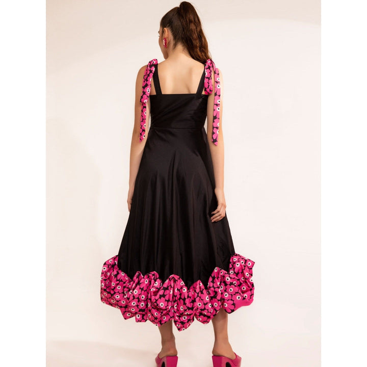 Kaori By Shreya Black Shoulder Tie Up Midi Dress 3D Pink Flower