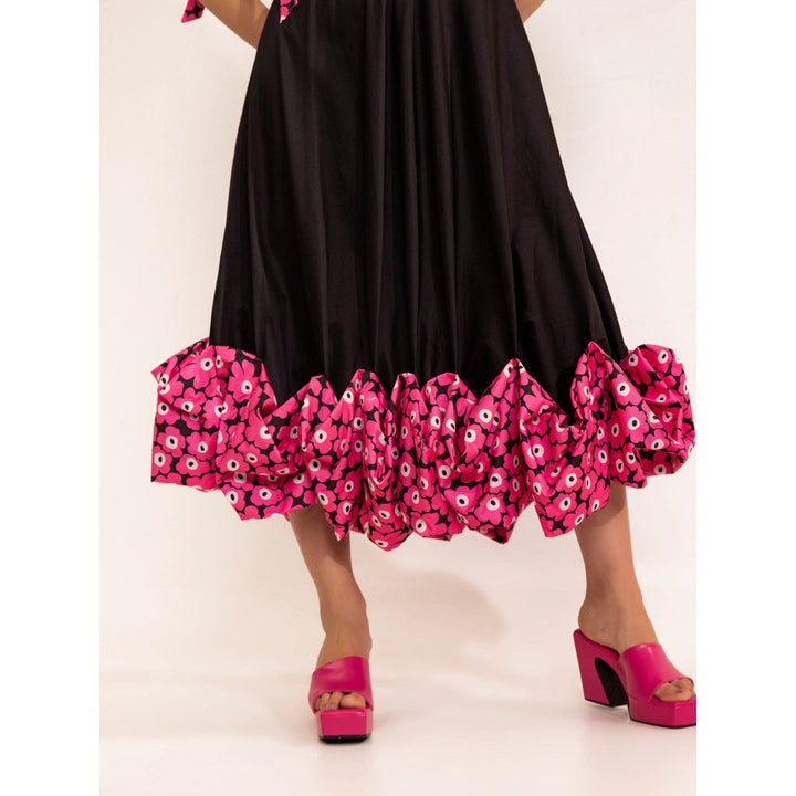 Kaori By Shreya Black Shoulder Tie Up Midi Dress 3D Pink Flower