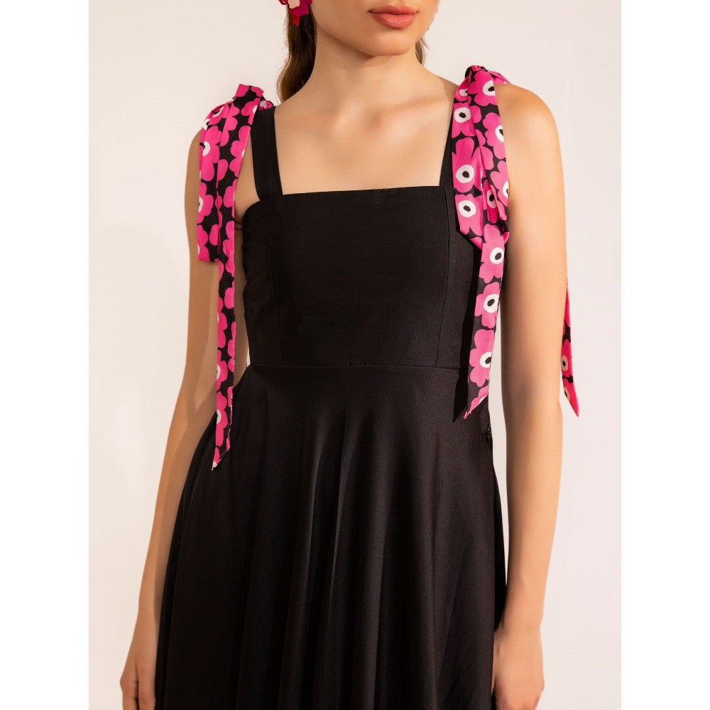 Kaori By Shreya Black Shoulder Tie Up Midi Dress 3D Pink Flower