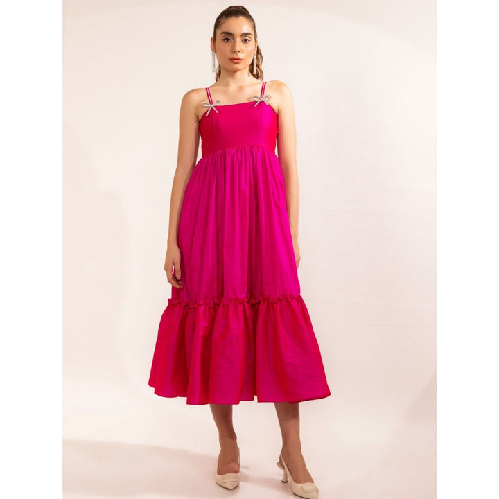 Kaori By Shreya Fuchsia Pink With Rhinestone Midi Dress