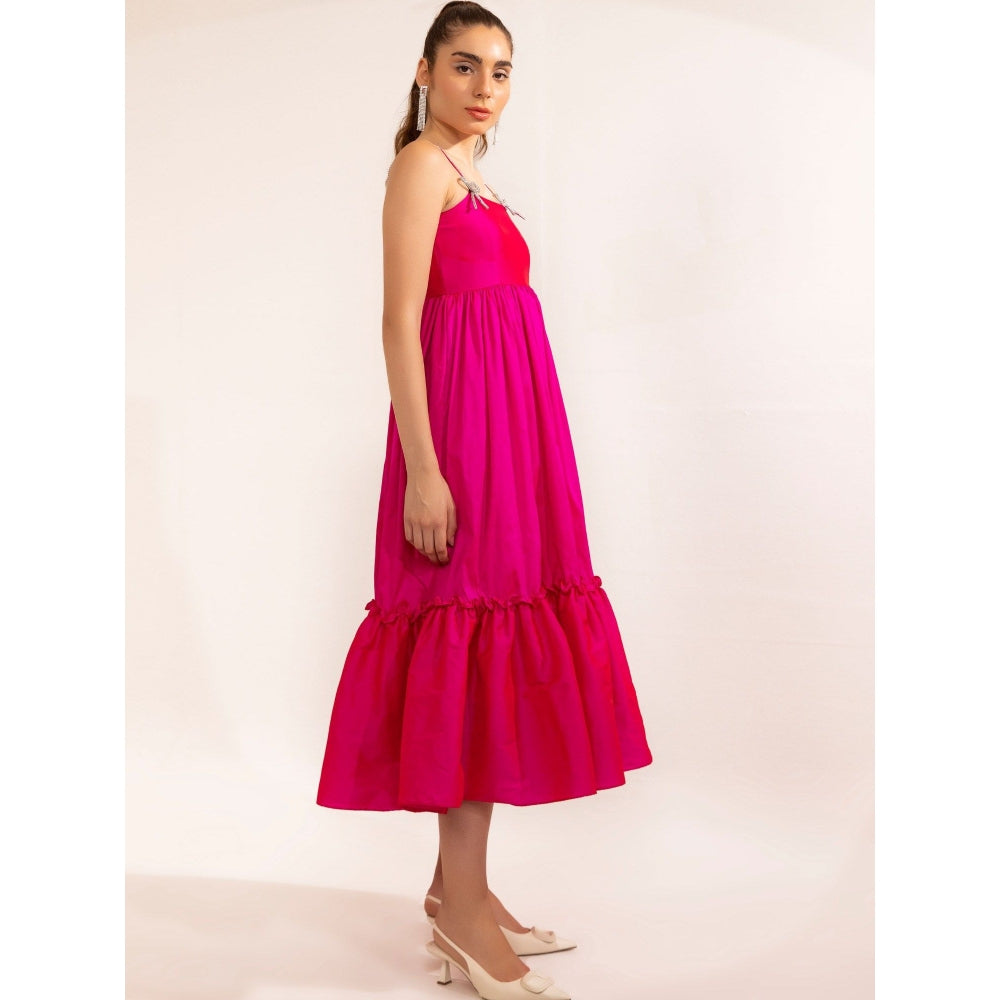 Kaori By Shreya Fuchsia Pink With Rhinestone Midi Dress