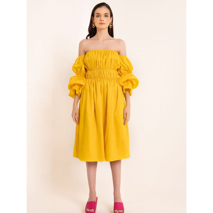 Kaori By Shreya Yellow Pleated Volume Sleeves Midi Dress