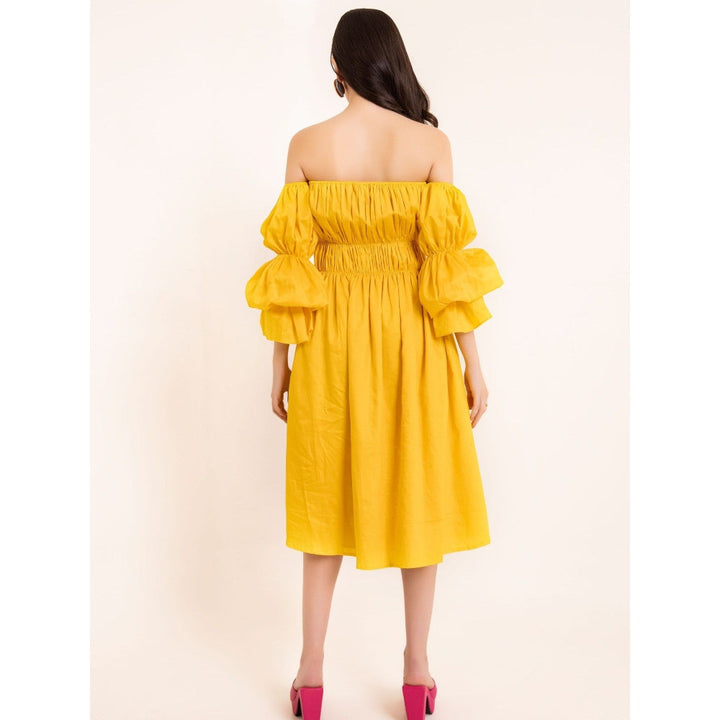 Kaori By Shreya Yellow Pleated Volume Sleeves Midi Dress