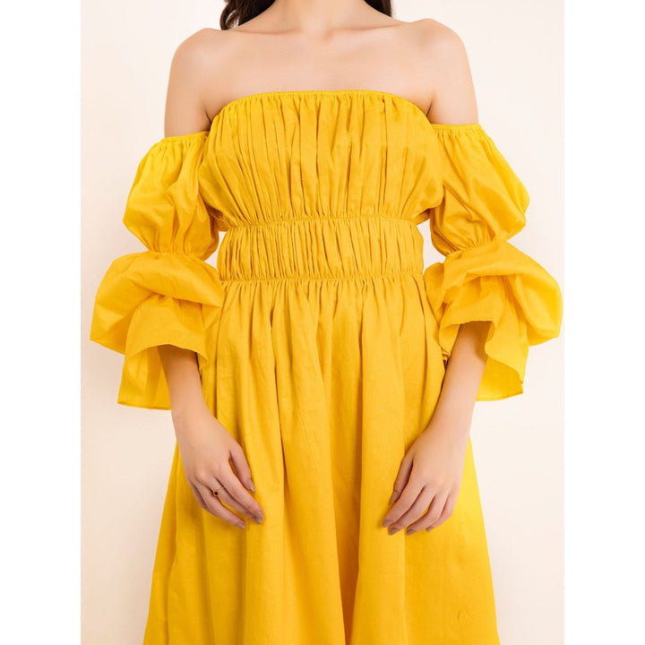 Kaori By Shreya Yellow Pleated Volume Sleeves Midi Dress