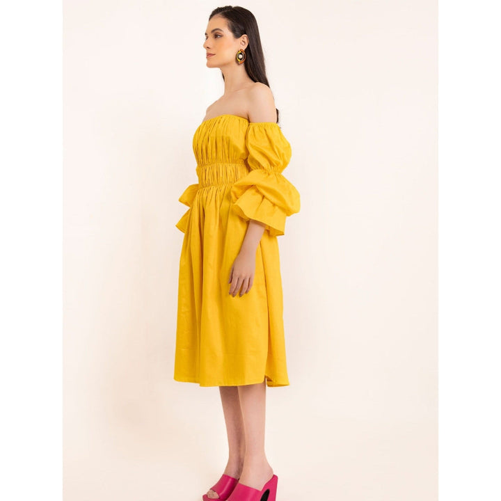 Kaori By Shreya Yellow Pleated Volume Sleeves Midi Dress