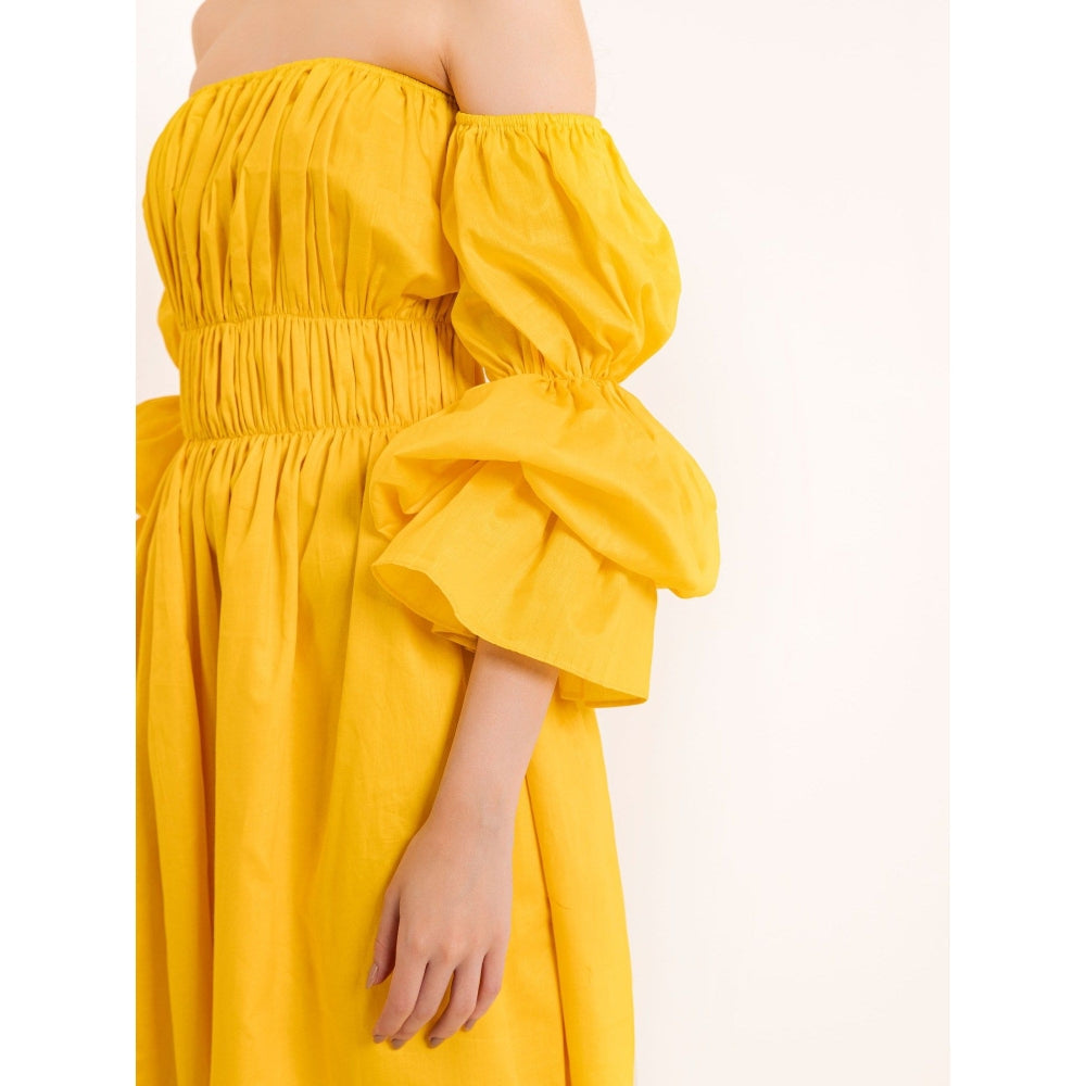 Kaori By Shreya Yellow Pleated Volume Sleeves Midi Dress