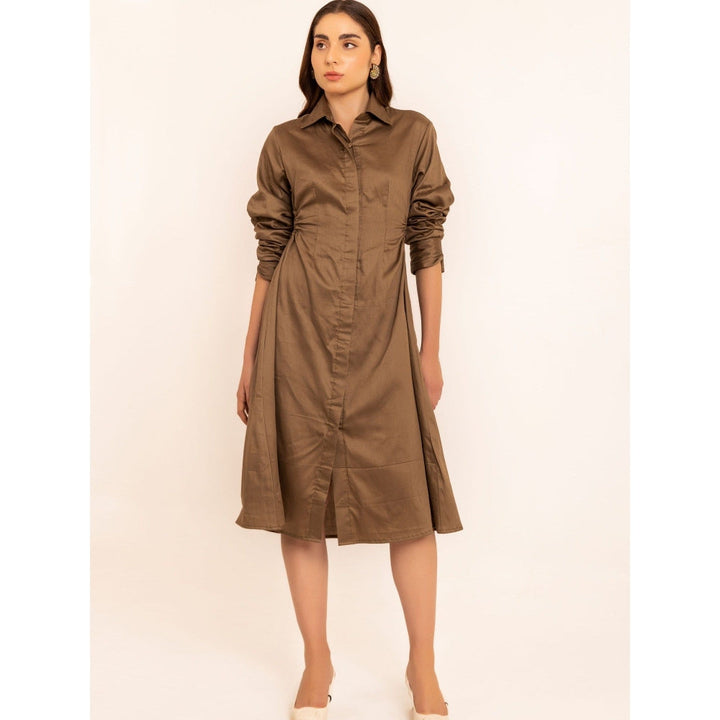 Kaori By Shreya Smoky Brown Shirt Midi Side Waist Cuts Dress