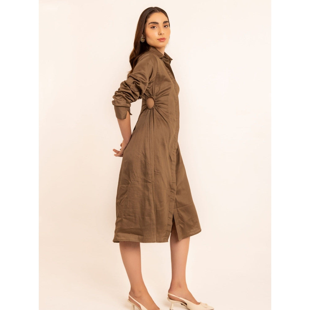 Kaori By Shreya Smoky Brown Shirt Midi Side Waist Cuts Dress