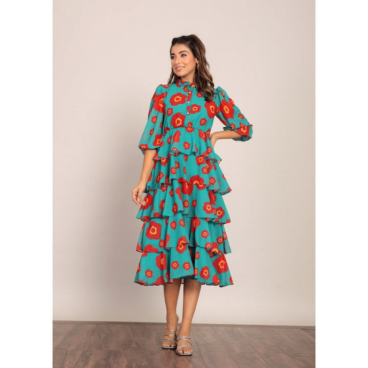 Kaori By Shreya Sea Green And Red 5 Tiers Midi Dress