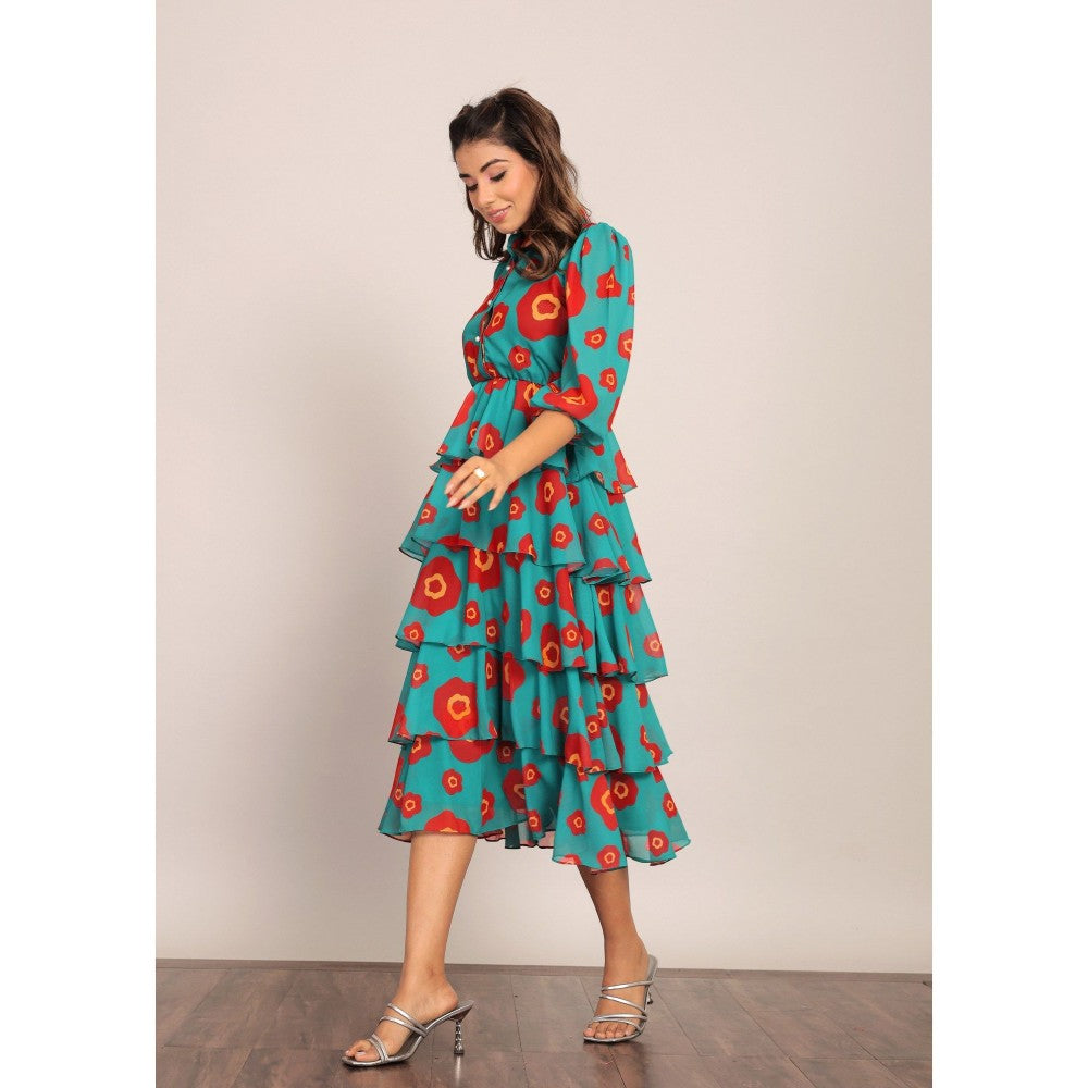 Kaori By Shreya Sea Green And Red 5 Tiers Midi Dress