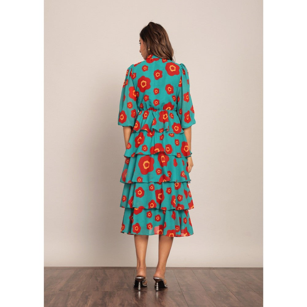 Kaori By Shreya Sea Green And Red 5 Tiers Midi Dress