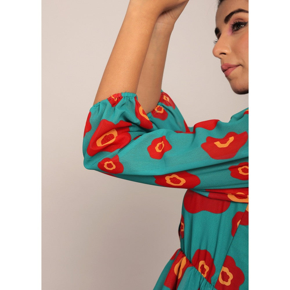 Kaori By Shreya Sea Green And Red 5 Tiers Midi Dress