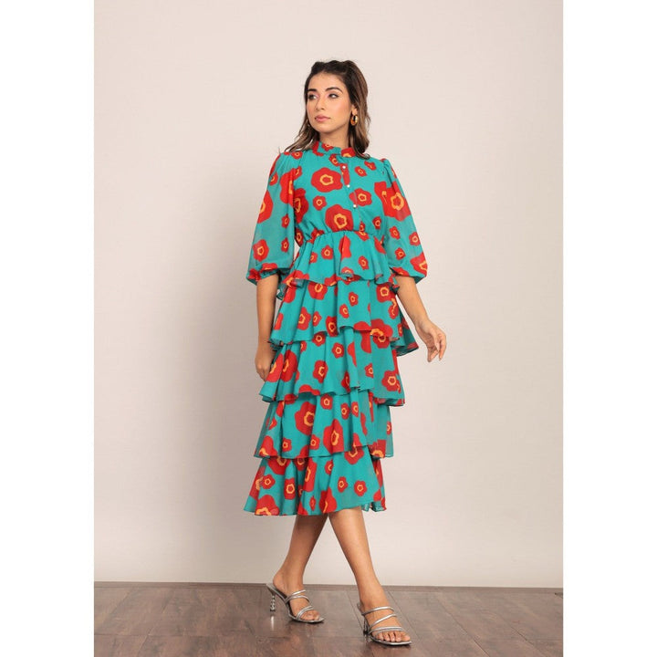 Kaori By Shreya Sea Green And Red 5 Tiers Midi Dress