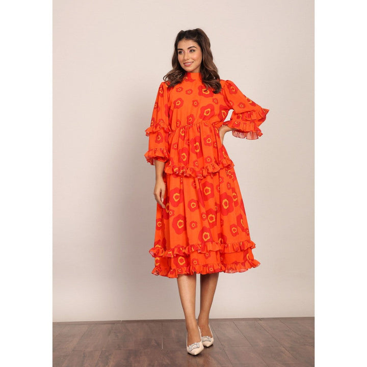 Kaori By Shreya Orange And Red Floral Summer Midi Dress