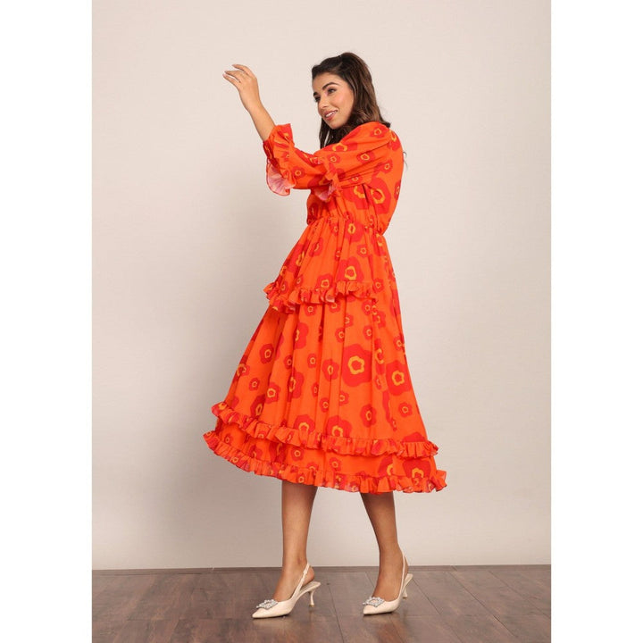 Kaori By Shreya Orange And Red Floral Summer Midi Dress